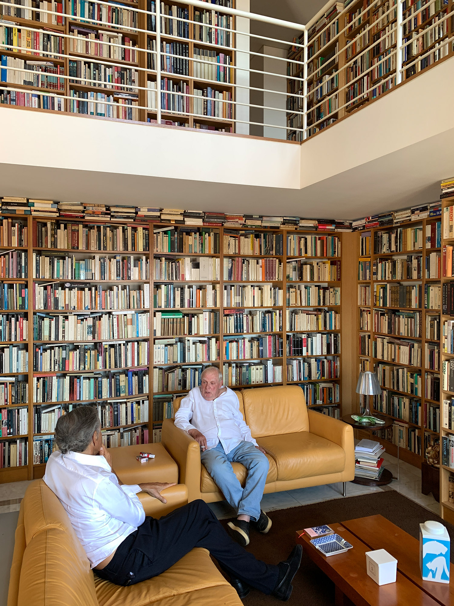 Bernard-Henri Lévy et Antonio Lobo Antunes, dans le domicile de ce dernier. Les deux hommes assis dans des canapés, entourés de bibliothèques du sol au plafond, parlent.