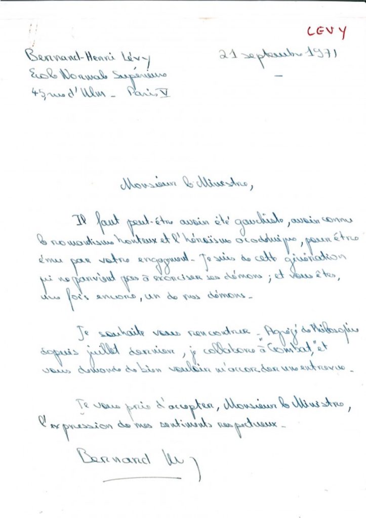Notes d’André Malraux sur la lettre de Bernard-Henri Lévy