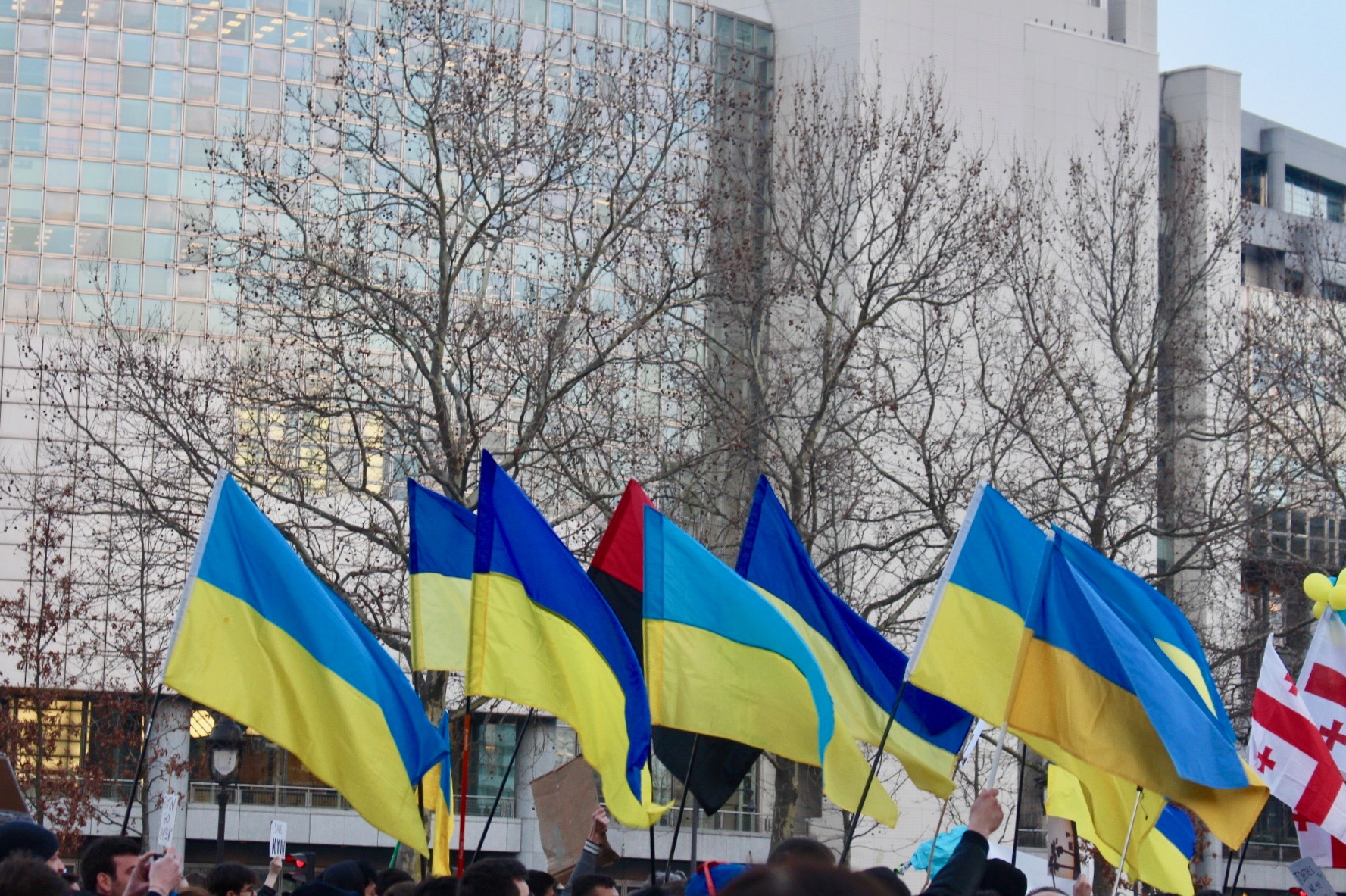 Des drapeaux ukrainiens brandits par la foule au pied de l'Opéra Bastille à Paris.