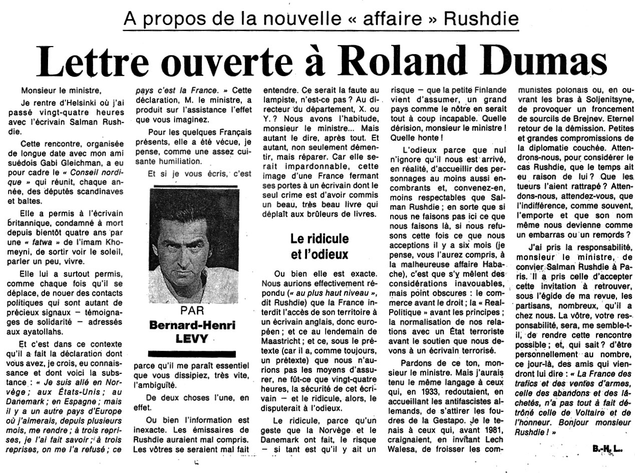 Détail d'une page du journal Le Figaro qui présente une lettre de Bernard-Henri Lévy à Roland Dumas.