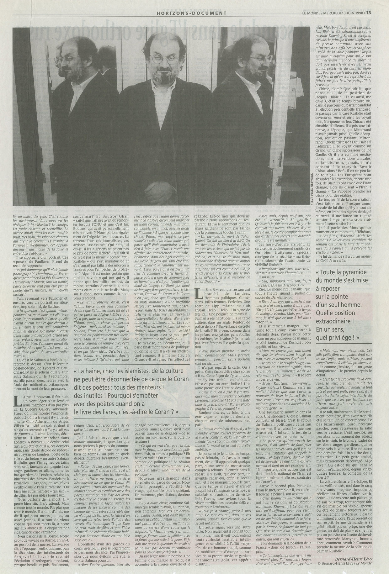 Page du journal Le Monde : reportage de Bernard-Henri Lévy sur Salman Rushdie