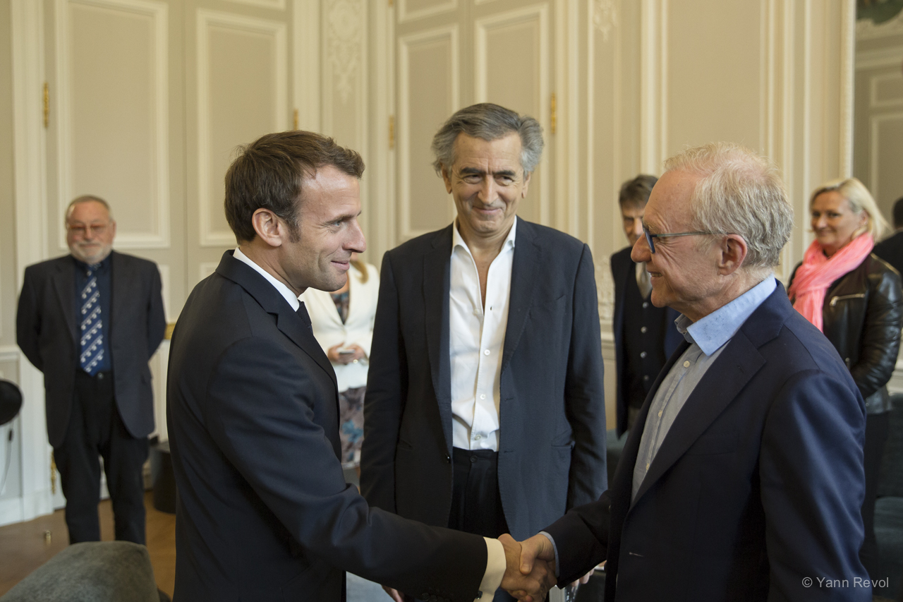 Emmanuel Macron, Bernard-Henri Lévy et David Grossman à l'Élysée.