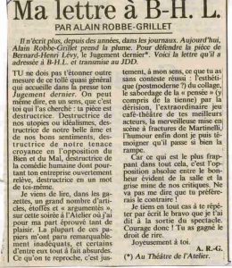 « Ma lettre à BHL », lettre d'Alain Robbe-Grillet à Bernard-Henri Lévy à propos de sa pièce « Le Jugement dernier » dans « Le Journal du dimanche ».