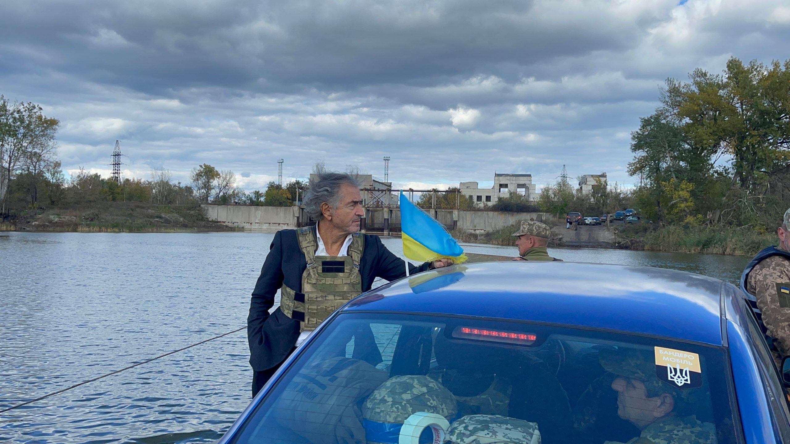 Crossing the Donets River on a steel barge for Bernard-Henri Lévy and the Ukrainian military.