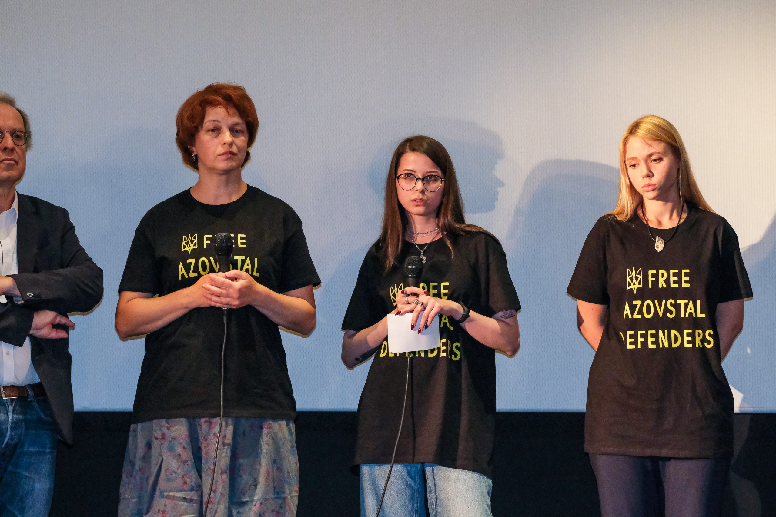Ukrainian activists Daria Tsykunova, Kateryna Prokopenko, Alla Samoilenk before the screening of Bernard-Henri Lévy and Marc Roussel's film "Why Ukraine".