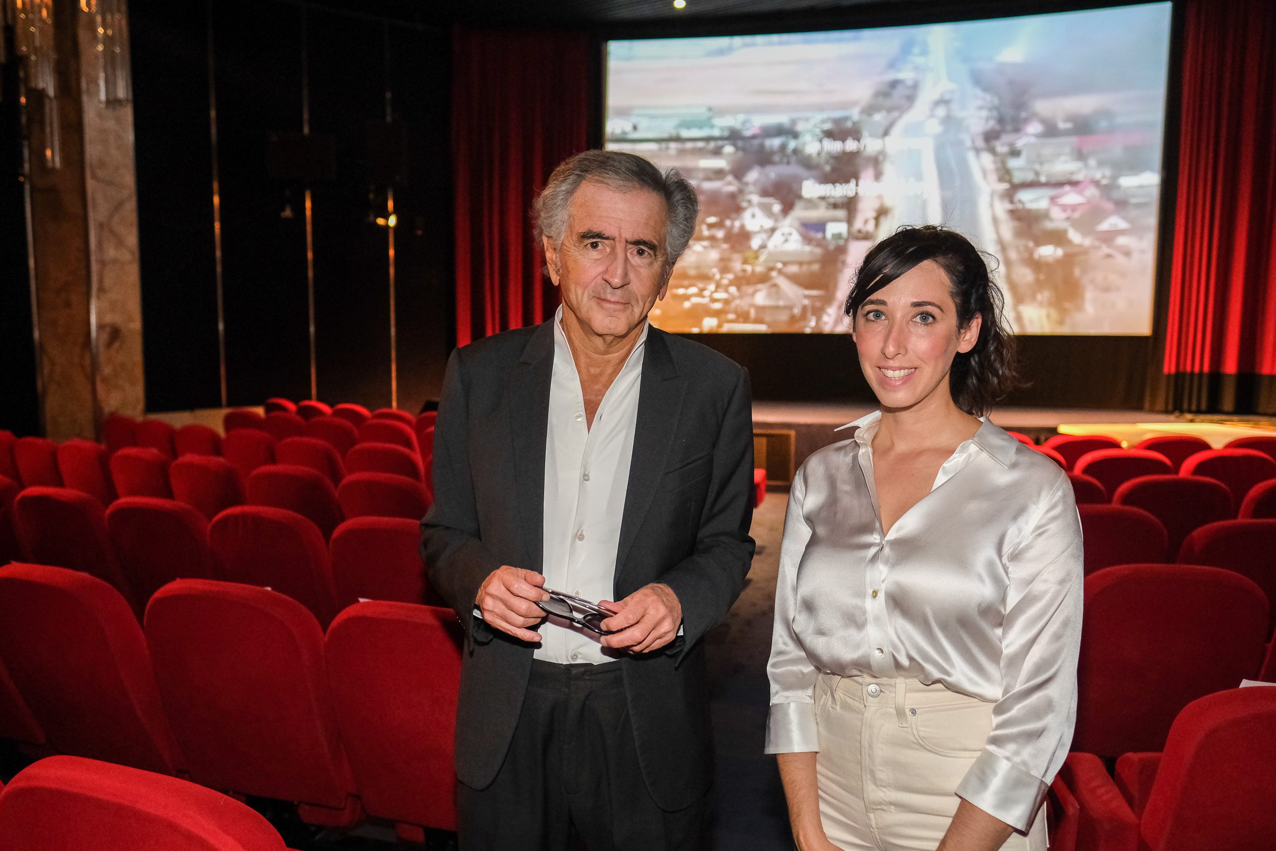 Bernard-Henri Lévy and Emily Hamilton, producer of the film "Why Ukraine", at the Cinema Le Balzac in Paris.