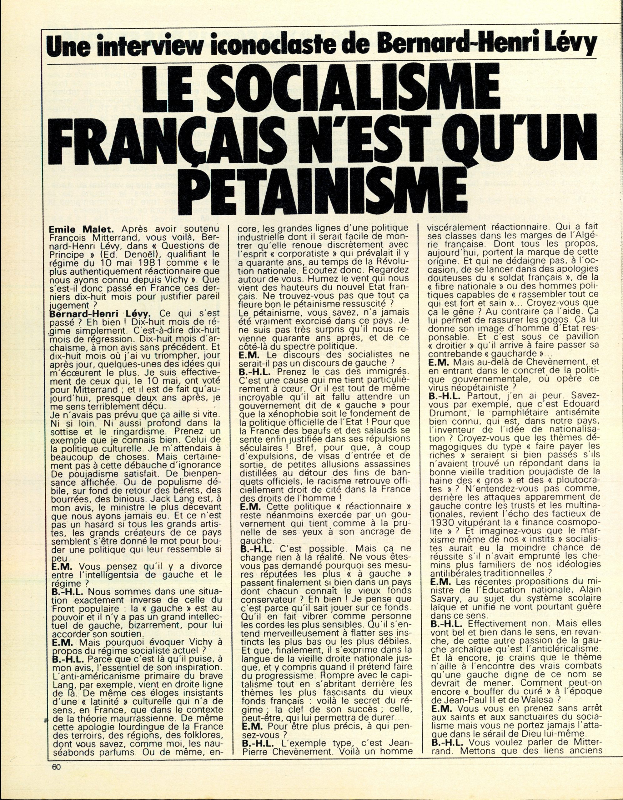 Première page de l'entretien « Le socialisme français n'est qu'un pétainisme » entre Bernard-Henri Lévy et Émile Malet, publié dans « Paris Match » le 21 janvier 1983.
