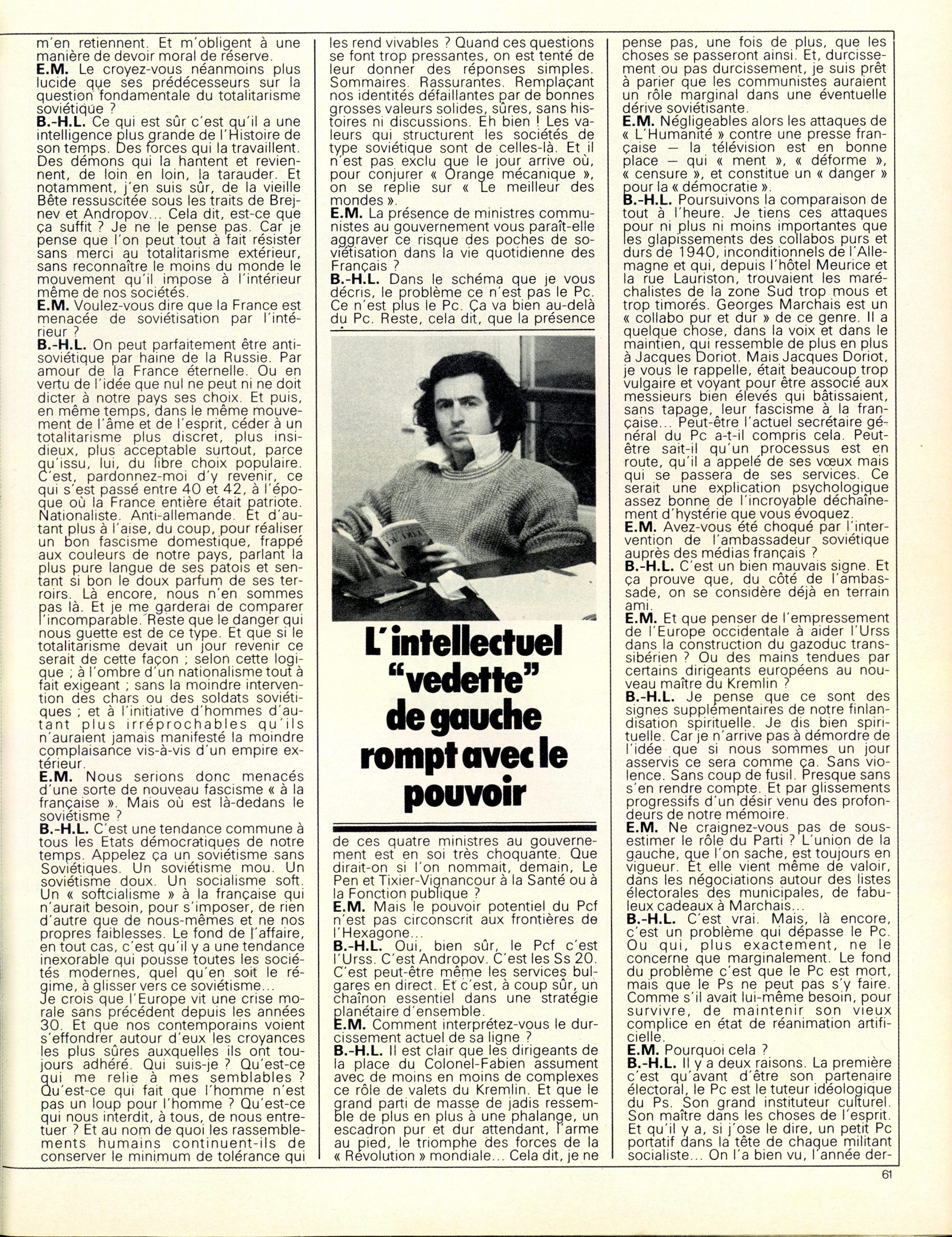 Deuxième page de l'entretien « Le socialisme français n'est qu'un pétainisme » entre Bernard-Henri Lévy et Émile Malet, publié dans « Paris Match » le 21 janvier 1983.