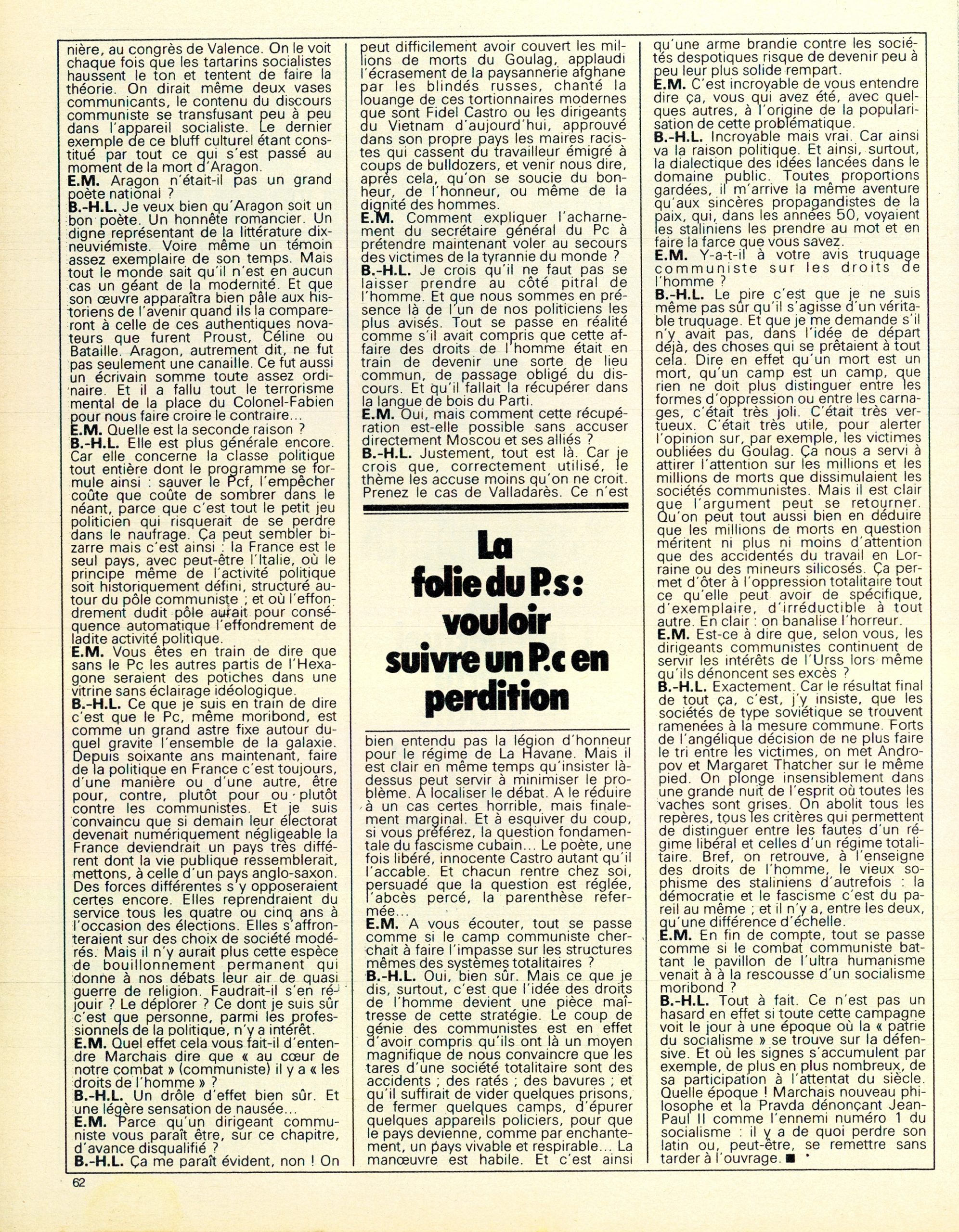Troisième et dernière page de l'entretien « Le socialisme français n'est qu'un pétainisme » entre Bernard-Henri Lévy et Émile Malet, publié dans « Paris Match » le 21 janvier 1983.
