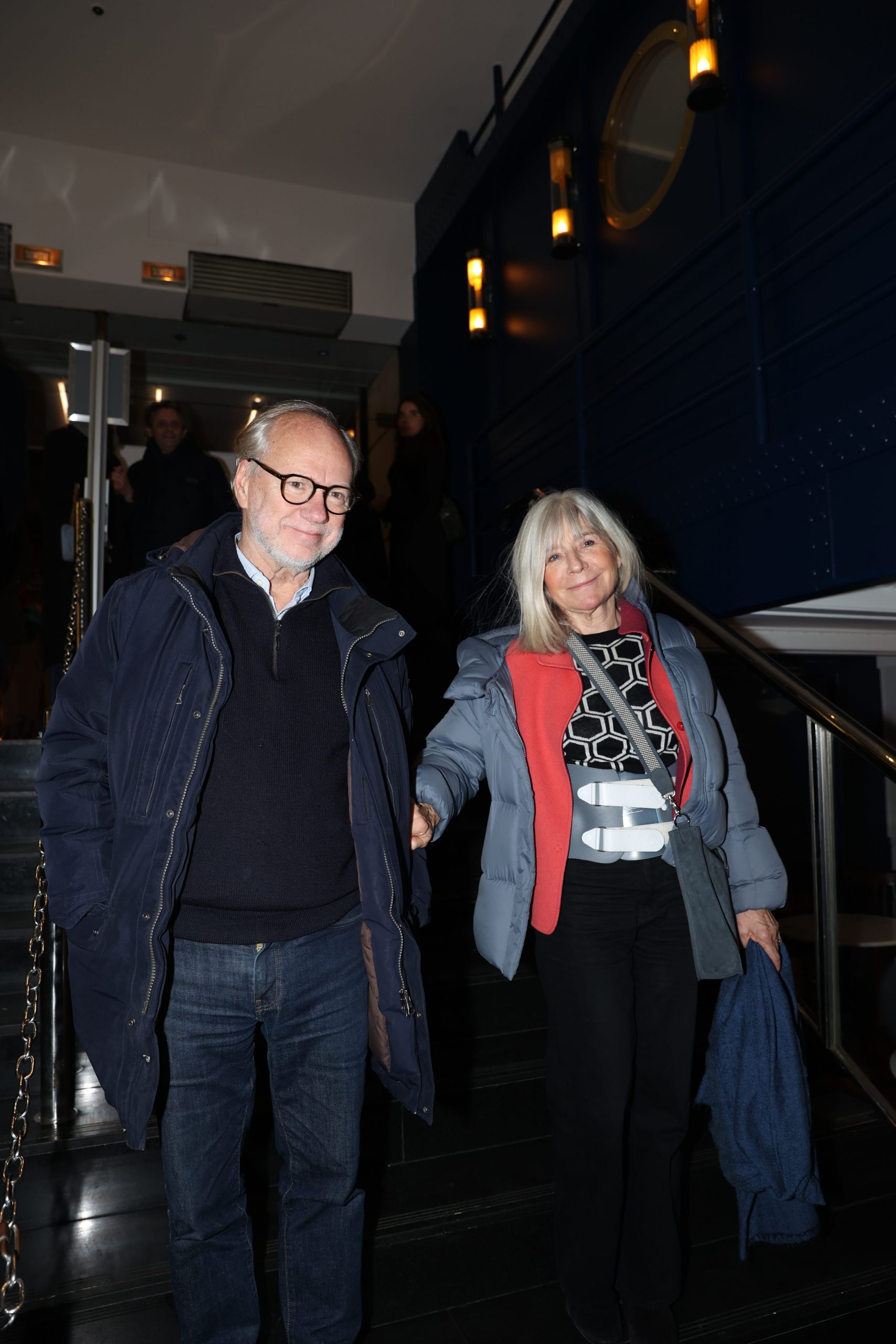 Laurent Joffrin et son épouse lors de l'avant-première du film de BHL, « Slava Ukraini », le 6 février 2023 au Balzac.