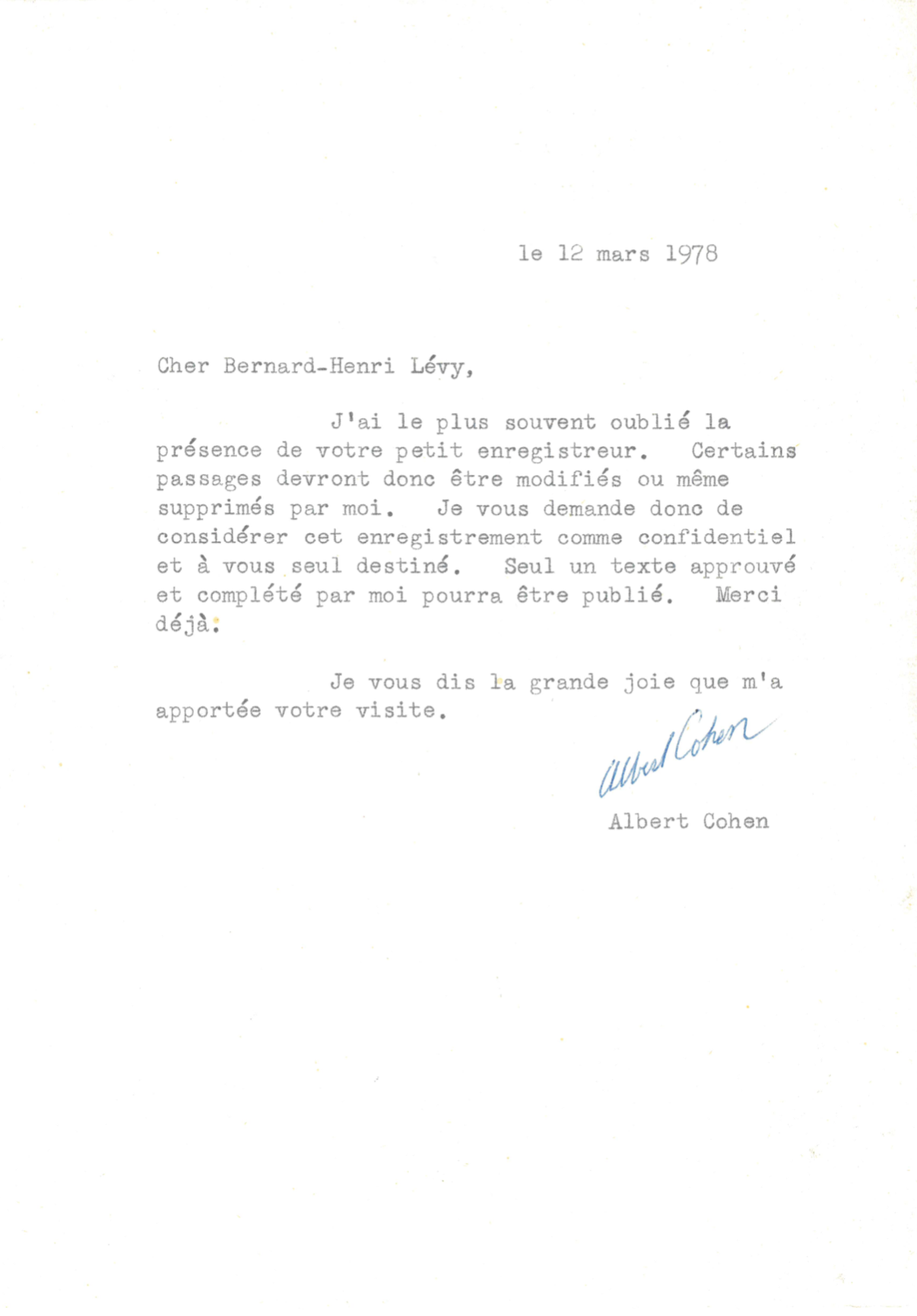 Lettre tapuscrite d'Albert Cohen à Bernard-Henri Lévy, datée du 12 mars 1978.