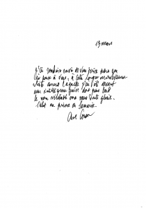 Lettre manuscrite d'Albert Cohen à Bernard-Henri Lévy, datée du 13 mars.