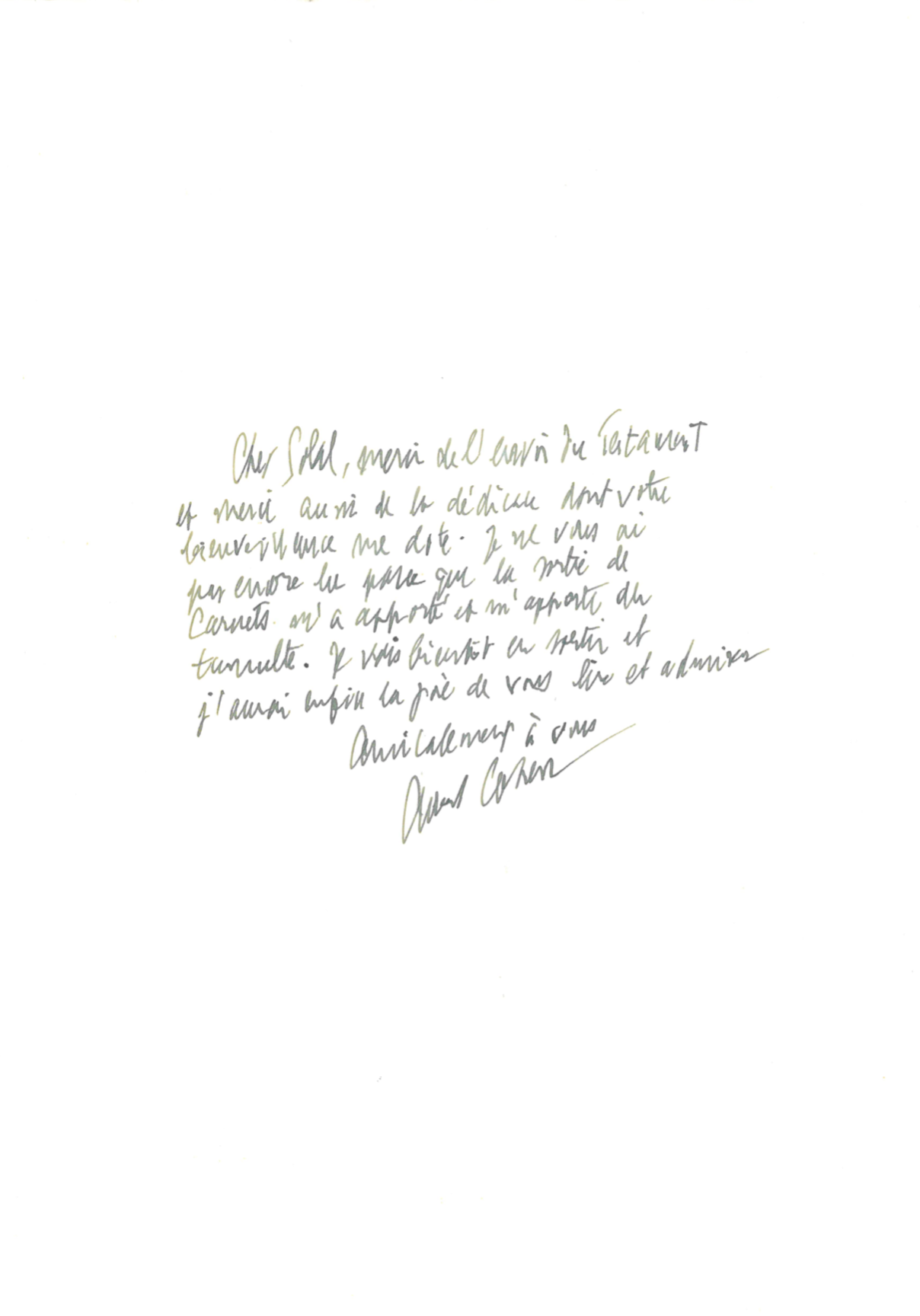 Lettre manuscrite d'Albert Cohen à Bernard-Henri Lévy, sans date.