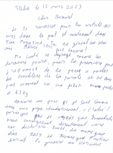 Lettre manuscrite de Mikheïl Saakachvili à BHL, datée du 12 mars 2023.
