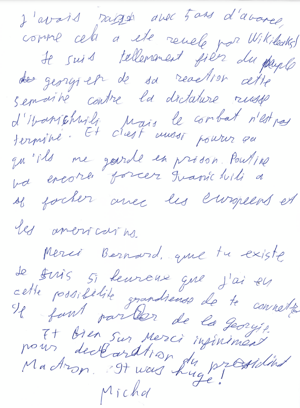 Lettre manuscrite de Mikheïl Saakachvili à BHL, datée du 12 mars 2023.
