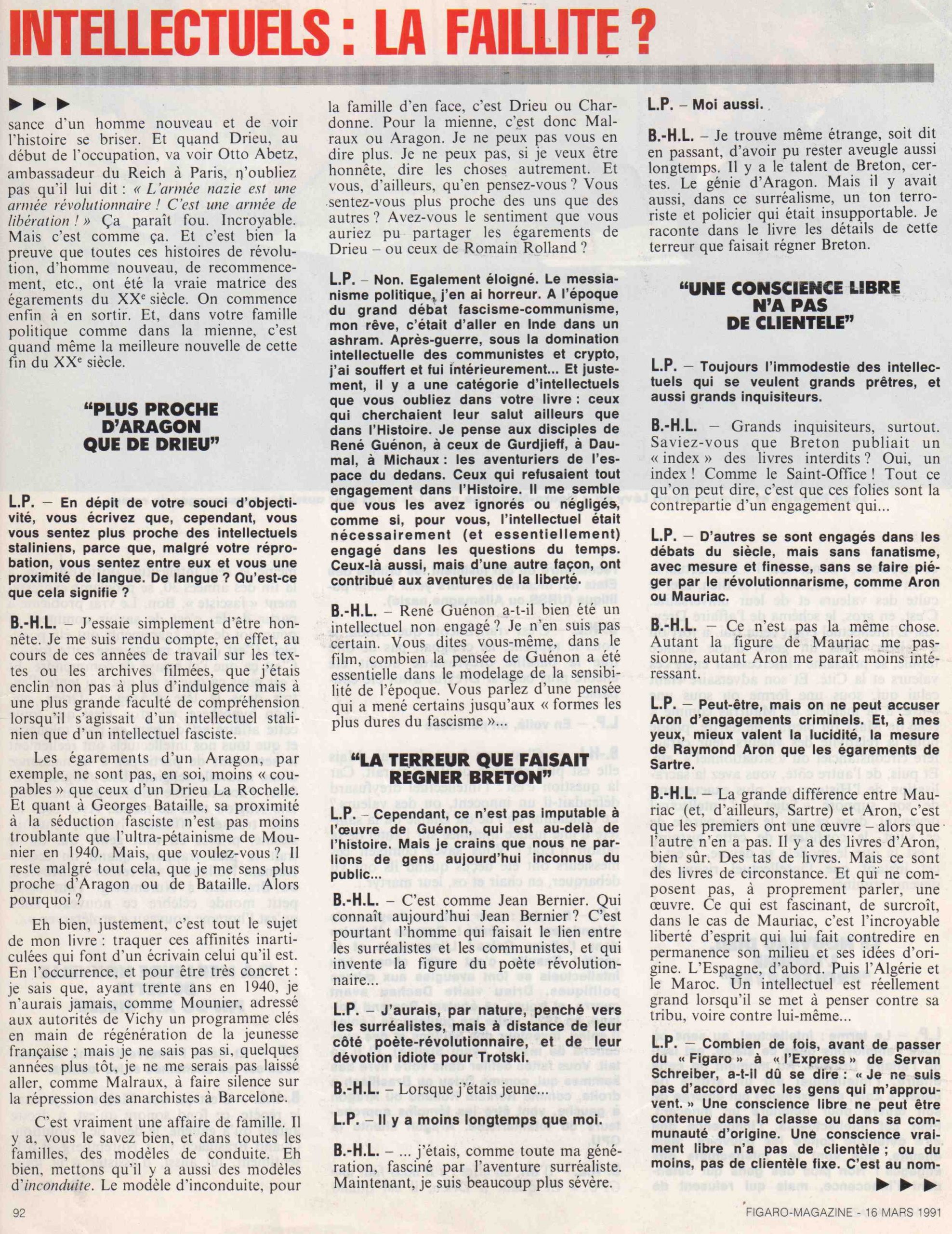 Entretien entre Louis Pauwels et Bernard-Henri Lévy dans le « Figaro Magazine » le 16 mars 1991.