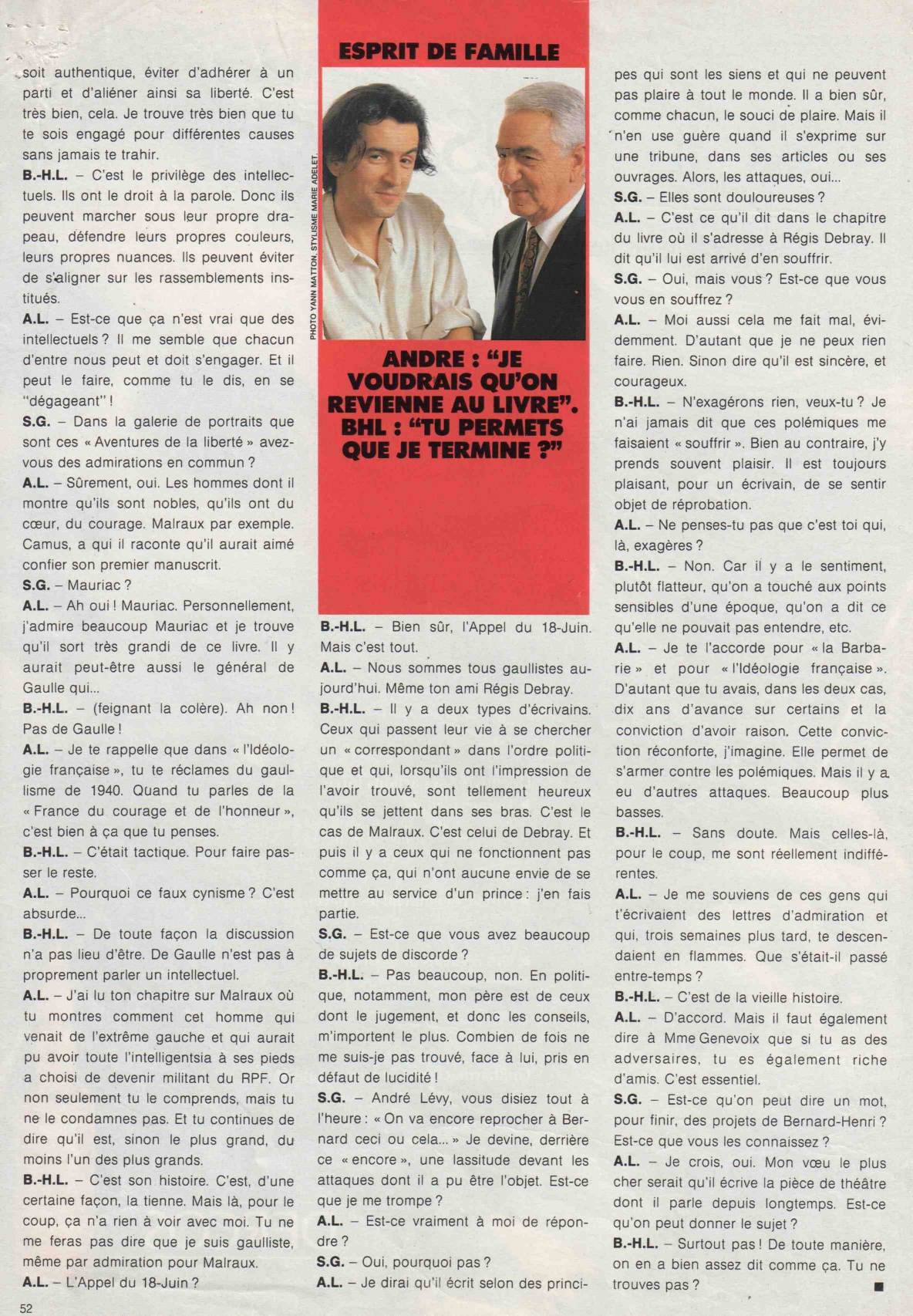 Entretient entre BHL et son père, André Lévy, dans "Madame Figaro", le 9 mars 1991.