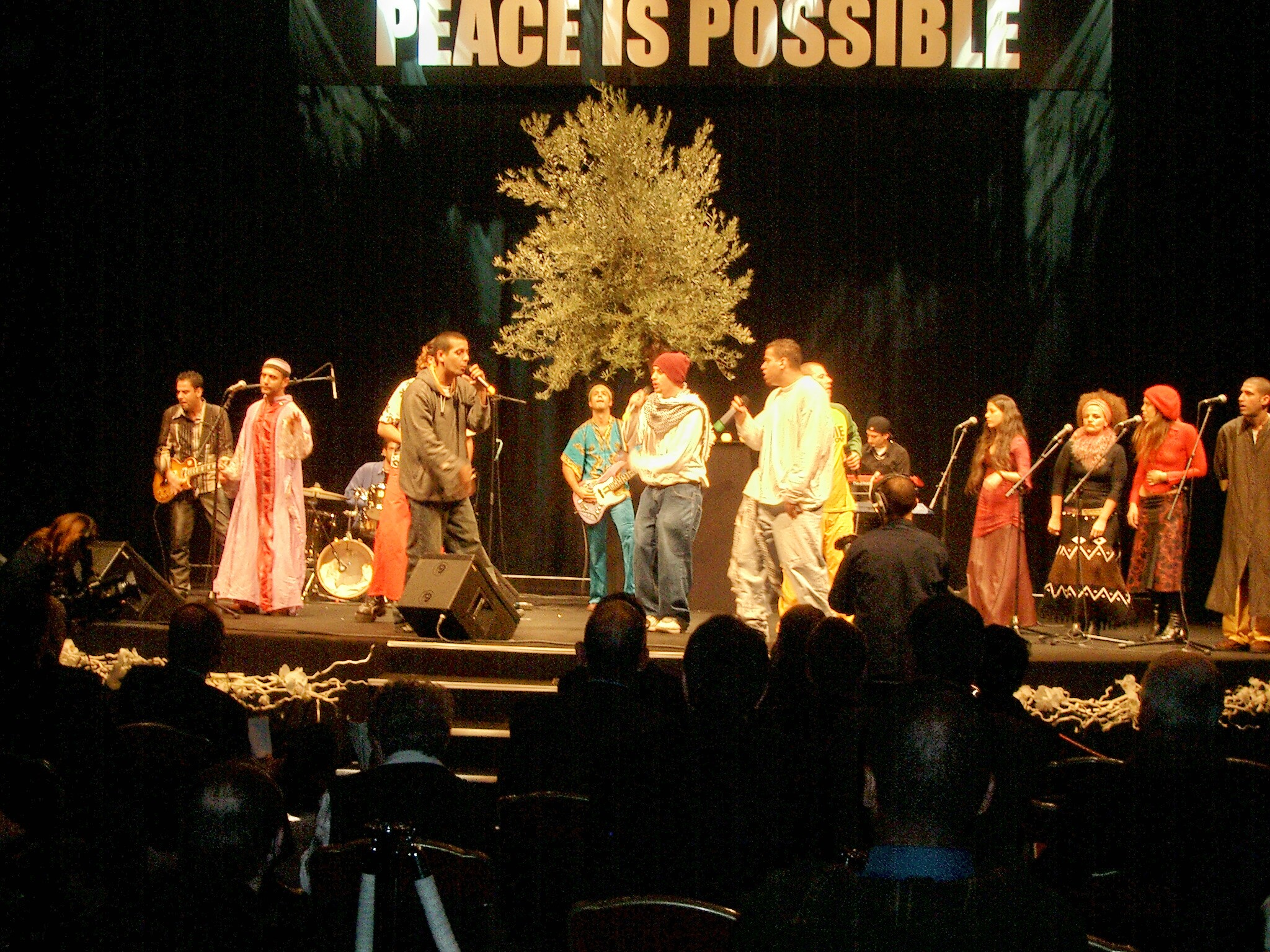 Un spectacle de jeunes intitulé « la Paix est possible », sur la scène on voit des jeunes gens chanter et faire de la musique.