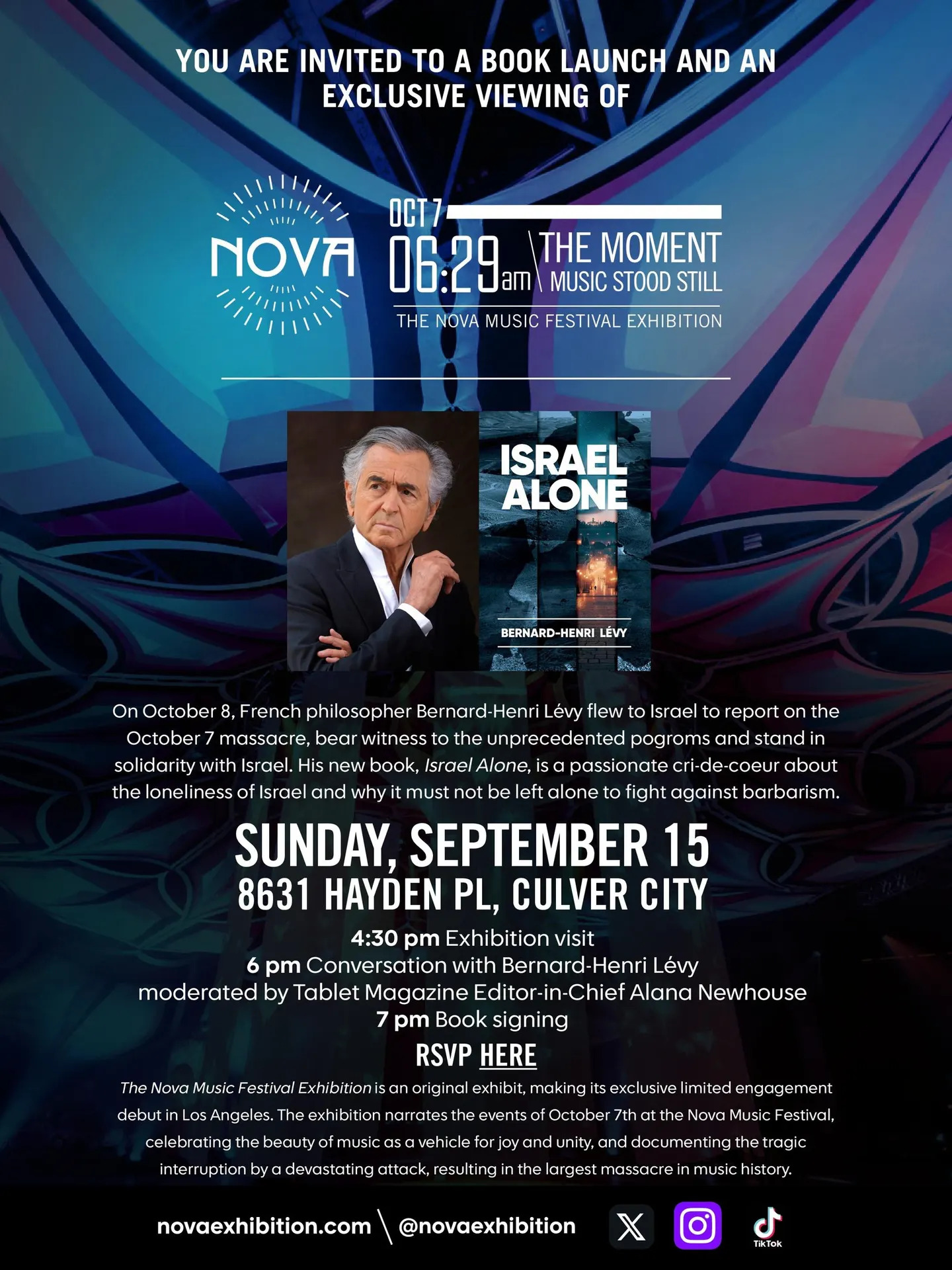 Poster for Bernard Henri Levy book event at Nova exhibition in Culver City Sunday September 15.